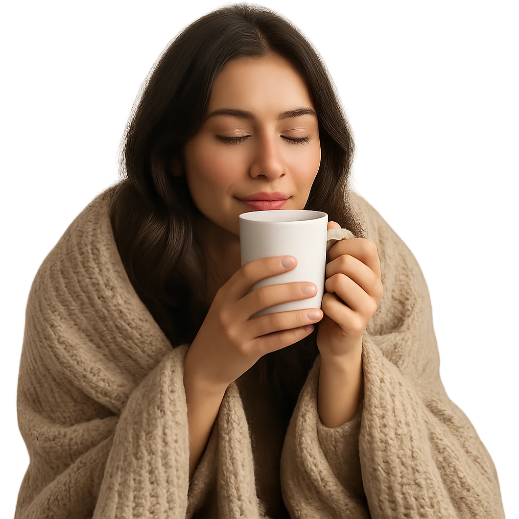 brunette girl cozy in a blanket sipping coffee with eyes closed, peaceful and relaxed emoji