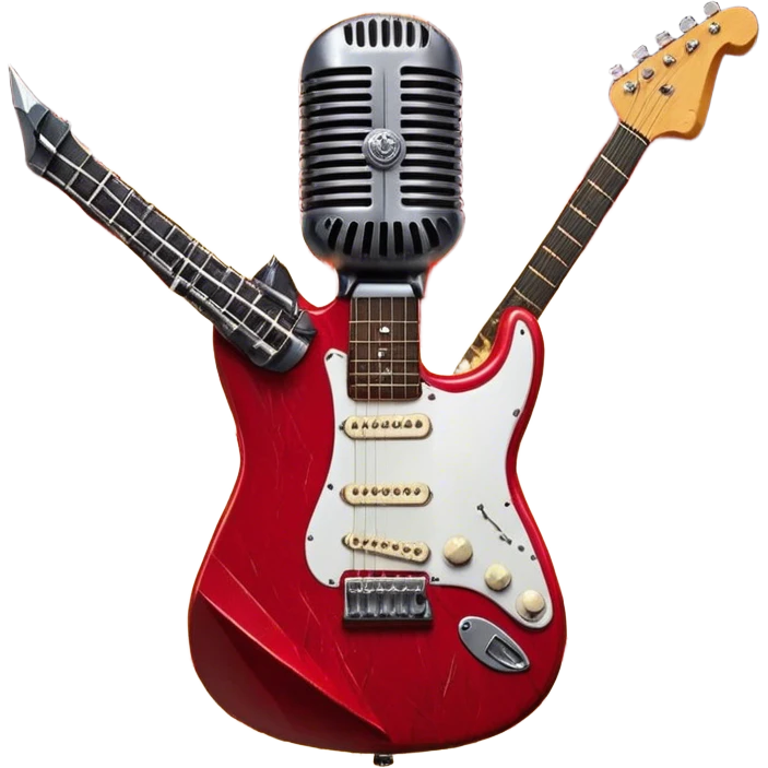 Create a fierce and edgy emoji representing hardcore rock vocal performance in a humanless collage. The design should feature a vintage microphone at the center, Add crossed drumsticks behind the microphone to symbolize the rhythm and power of the drums. surrounded by a menacing, distorted electric guitar with sharp, aggressive angles. Include subtle elements like lightning bolts, flames, or jagged sound waves to evoke the raw energy and intensity of hardcore rock. Use dark, intense colors like black, red, and silver, with a metallic, gritty finish to convey the rebellious, aggressive spirit of the genre. The background should be transparent. emoji