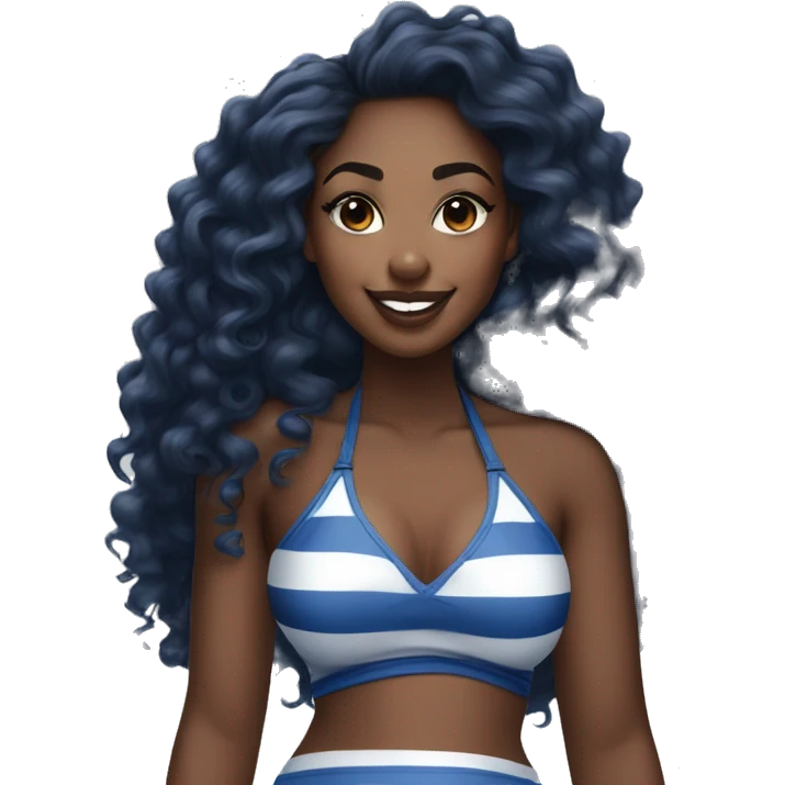 Black curvy woman with long curly and a blue and white striped halter top full body, naval piercing, dimples and lip gloss emoji