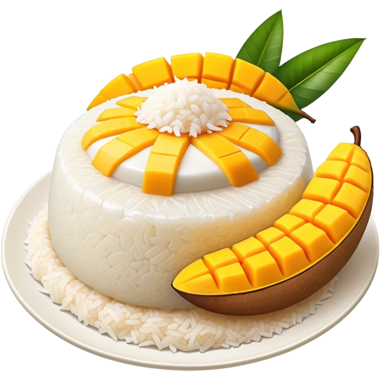 cinematic-realistic-mango-sticky-rice-dessert-emoji,-showcasing-sweet-sticky-rice out of a mould-paired-with-ripe-mango-slices-and-coconut-milk-rendered-with-lifelike-detail-and-warm,-inviting-lighting with the coconut  milk over the rice emoji