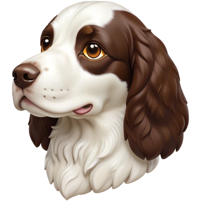 Cinematic Noble Springer Spaniel Portrait Emoji, Poised and regal, with a medium build and a glossy, well-groomed Fur of rich liver and white, deep-set soulful brown eyes, Simplified yet sharp and sophisticated features, highly detailed, glowing with a soft, dignified glow, high shine, intelligent and alert, stylized with an air of grace, focused and attentive, soft glowing outline, capturing the essence of a watchful and confident companion, so majestic it feels as though it could bound out of the screen with effortless authority! emoji