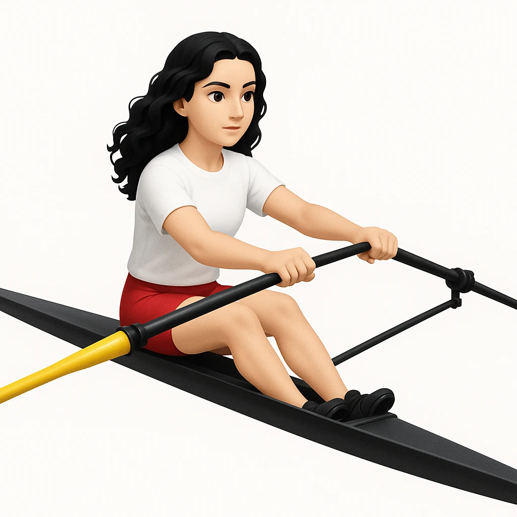 Altındaki tekneyi olimpik kürek sporu için uygun, uzun ve ince yarış teknesi olarak değiştir. Kız siyah uzun dalgalı saçlı, beyaz tenli, kırmızı şort ve beyaz kısa kollu tişörtle olimpik kürek sporu yapıyor emoji