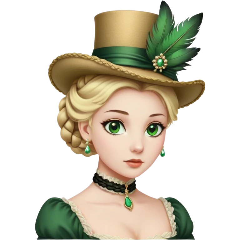lady with Pale complexion, sharp features, high cheekbones, Blonde hair, usually styled in regancy braided updo, green eyes accessorized with a feathered little hat, royal emoji