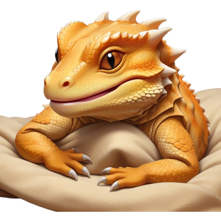 Meme-Worthy Cute Sleeping Bearded Dragon Portrait Emoji, Head resting peacefully with a contented smile, showcasing a delightfully robust build and a luxuriously soft scaled hide in warm earthy tones, eyes shut in a serene, restful nap, Simplified yet hilariously adorable features, highly detailed, glowing with a soft, drowsy light, high shine, relaxed and utterly lovable, stylized with an air of playful laziness, bright and heartwarming, soft glowing outline, capturing the essence of a comically sleepy dragon, so meme‐worthy it feels like it could instantly become the next viral sensation of adorable reptilian slumber! emoji