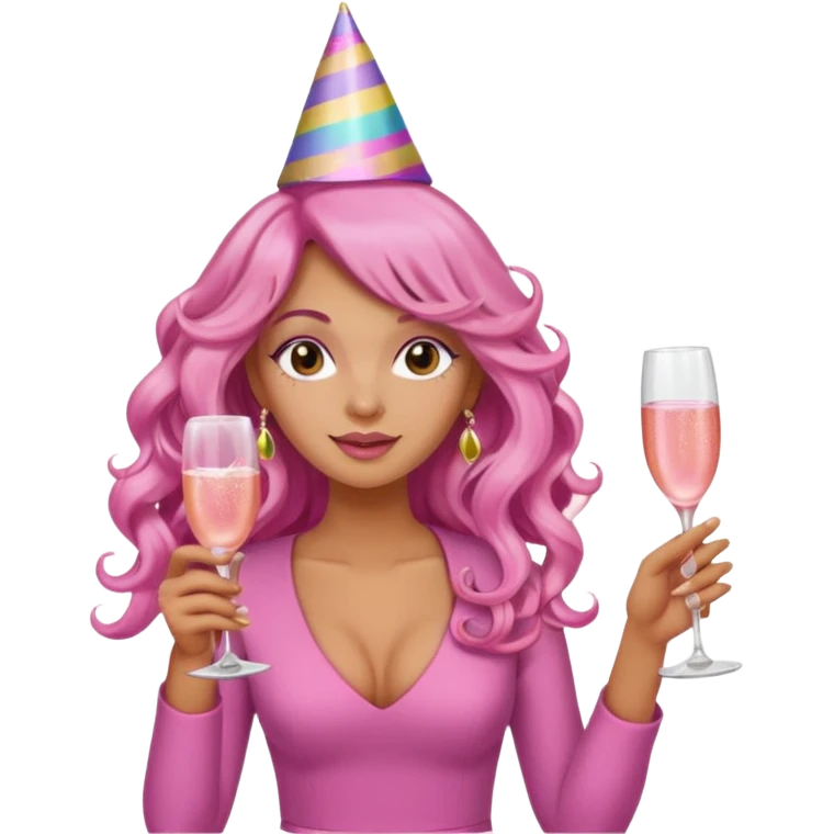 One lady with long pink curled hair and tan skin holding a glass of  pink champagne in each hand emoji