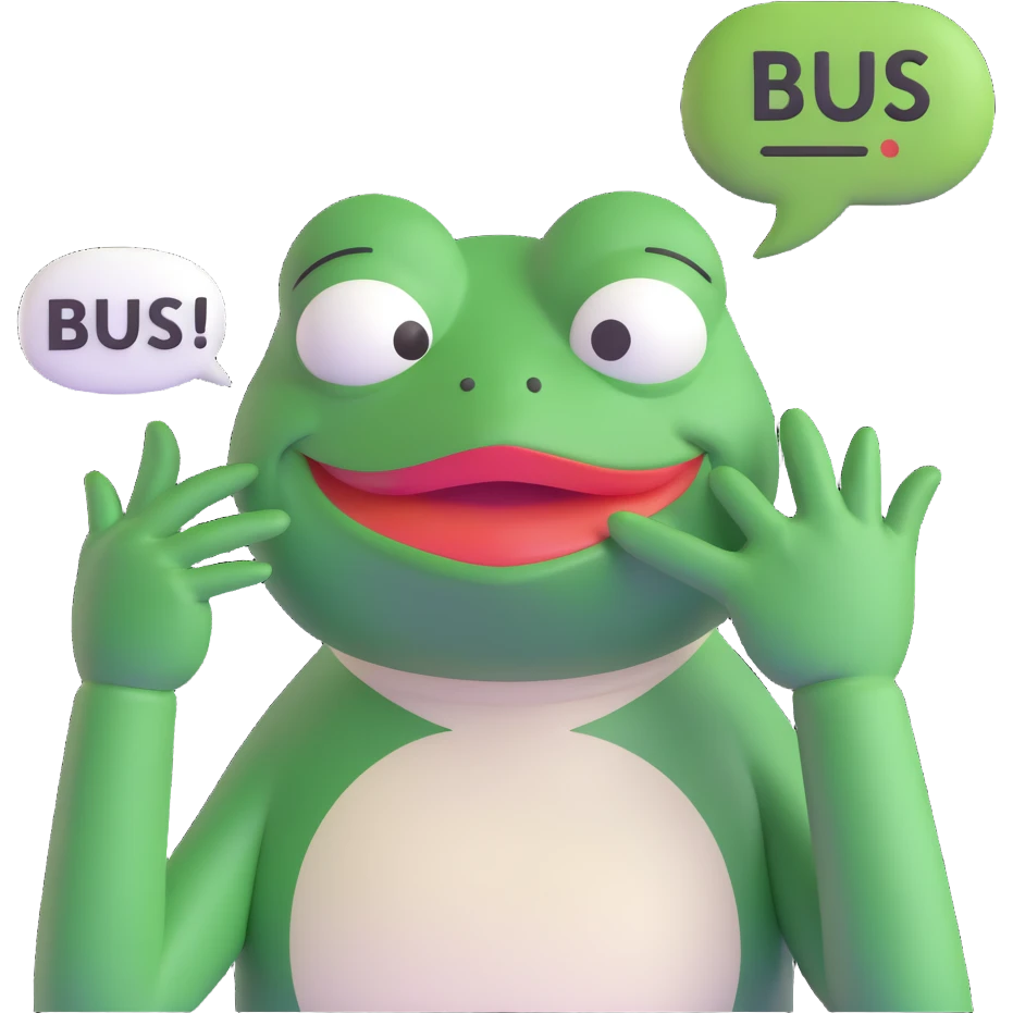 Create a 3D emoji style image of Pepe the Frog holding his hand over his mouth as if trying not to laugh. Include a speech bubble above or beside him that says 'bus garso'. The style should be playful and similar to the reference image but exclude the hat, cigar, drink, or bottle. emoji