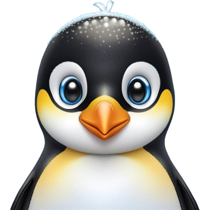 Cinematic Cute Emperor Penguin Portrait Emoji, Head tilted playfully and inquisitively, with glossy, pristine plumage accented by a bright beak and round, sparkling eyes filled with curiosity, Simplified yet irresistibly adorable features, highly detailed, glowing with a warm, friendly icy glow, high shine, affectionate and lively, stylized with a touch of whimsical charm, bright and endearing, soft glowing outline, capturing the essence of a mischievous yet loving penguin that feels like it could slide out of the screen into your arms! emoji