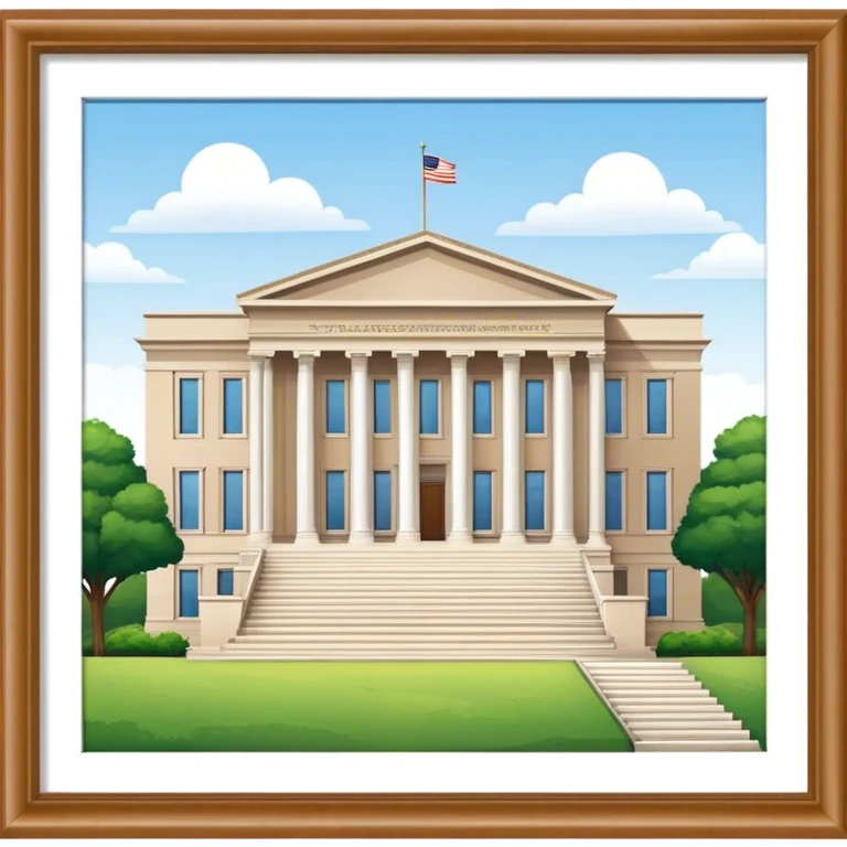 government-building that is tan and 11 white columns wide - sitting on a grass plot and stair leading up to the building emoji