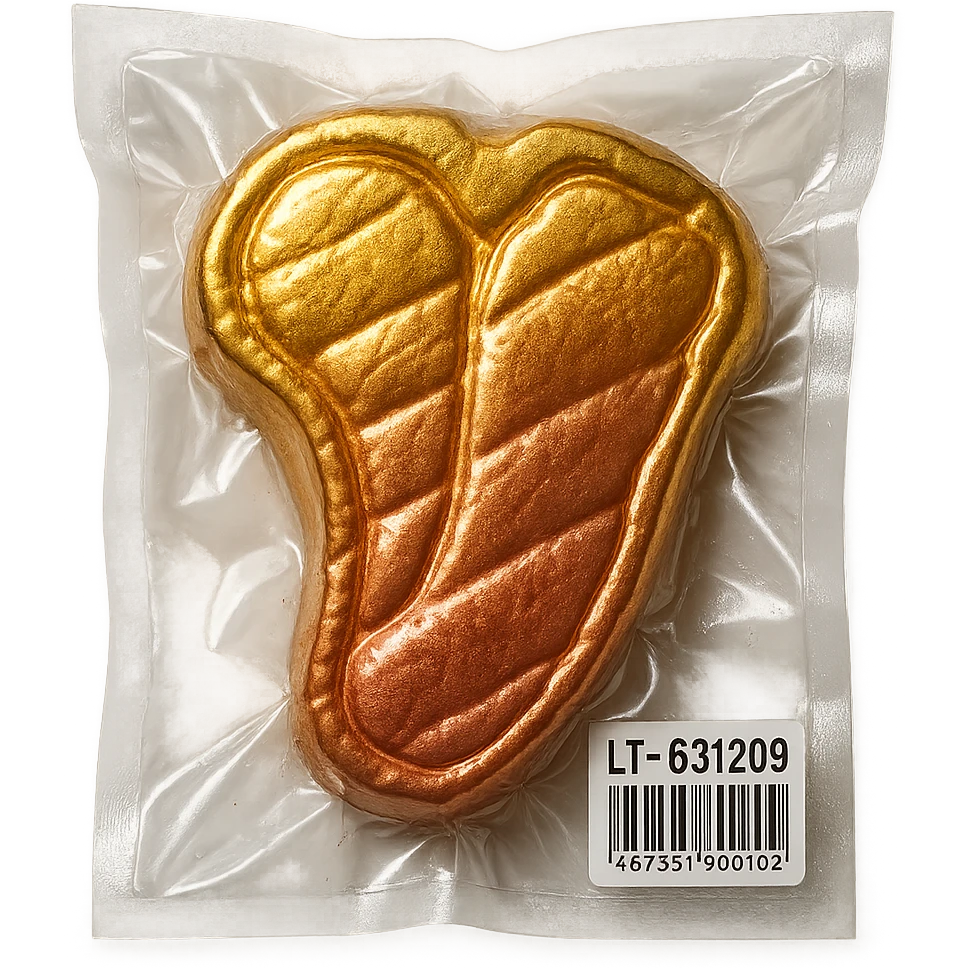 golden steak with a subtle gradient from gold to rose gold, glossy and puffy emoji