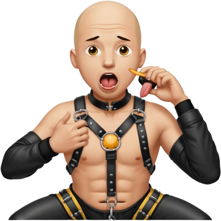 a bald man on his knees in a black leather harness with his mouth open and tongue out being pissed on by another person emoji