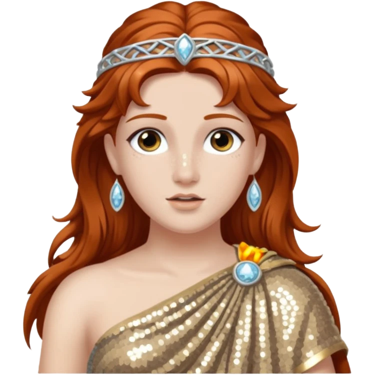 Diana from Roman Deities with long auburn hair, silver sequin toga emoji