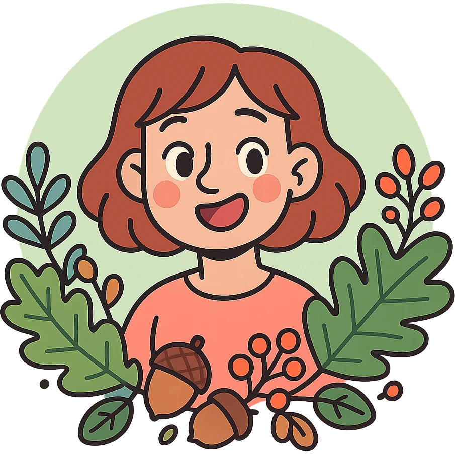 wreath of forest leaves, acorns, and berries, soft green circle sticker, pastel-toon style, transparent background emoji
