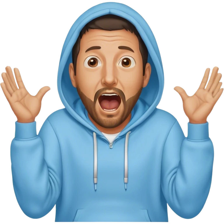 Adam Sandler with a beard in a baby blue hoodie, the hood on, screaming with the arms wide spread like ‘i don’t know’ emoji