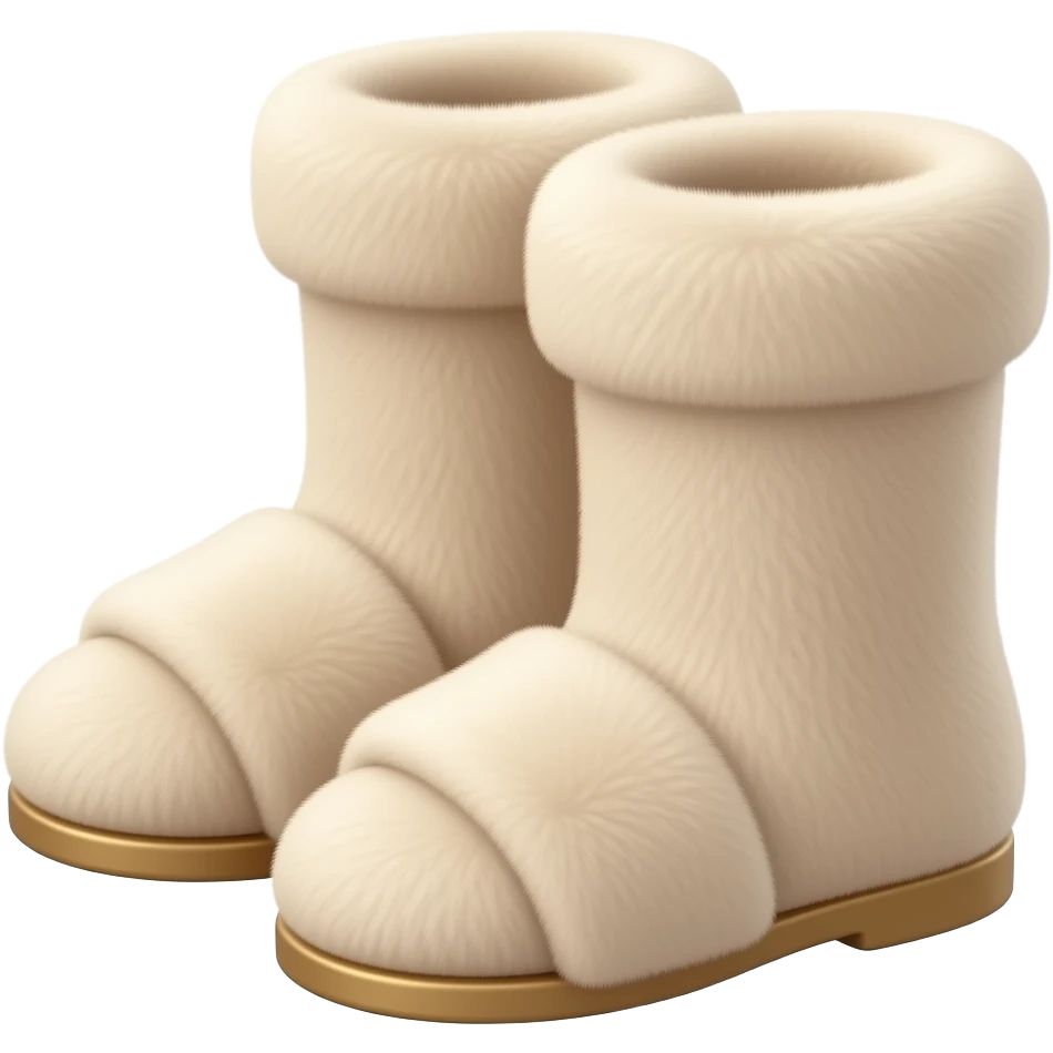 Image hyperréaliste et accrocheuse de chaussons mi hauts en total fourrure beige kawaii. La vue est en 3/4 Ajoute subtilité pour renforcer l'impression de luxe de la scène. L'ensemble est isolée sur un fond blanc. emoji