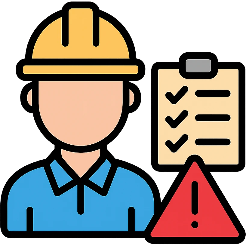 an engineer with a checklist and warning signs, color outline icon style emoji