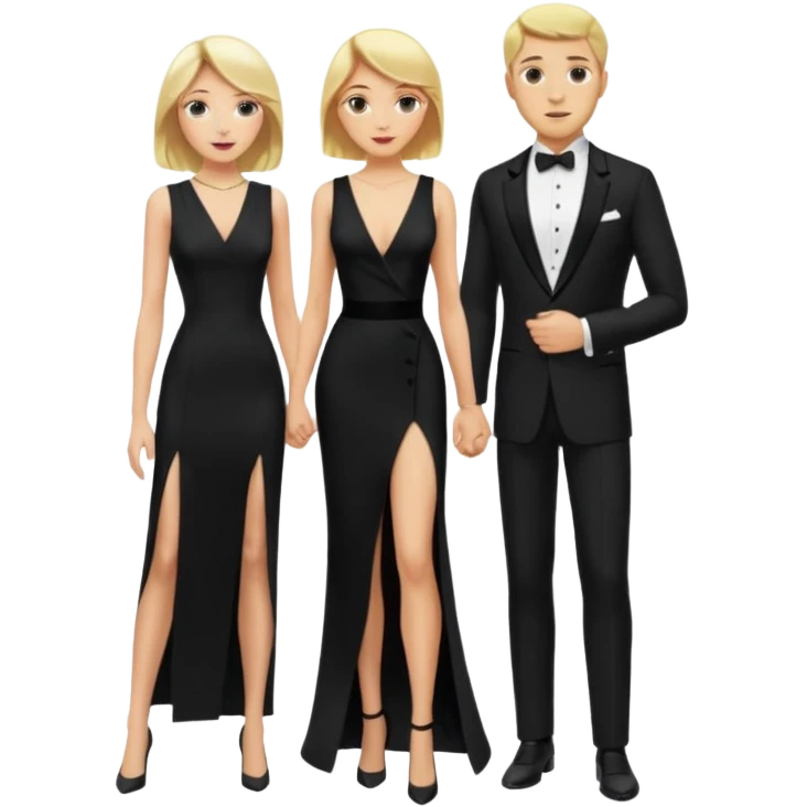 Blonde woman, black, Long, tight, sleveless Dress, Slot left Leg, man in Dinner jacket emoji