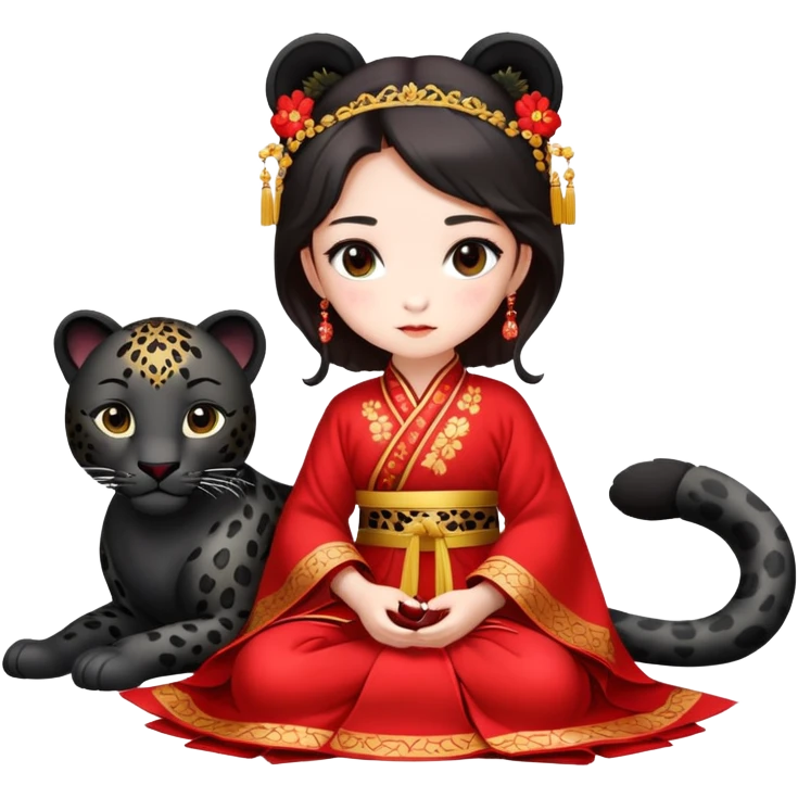 A beautiful girl in red Hanfu wedding dress sits on the ground holding a black leopard emoji