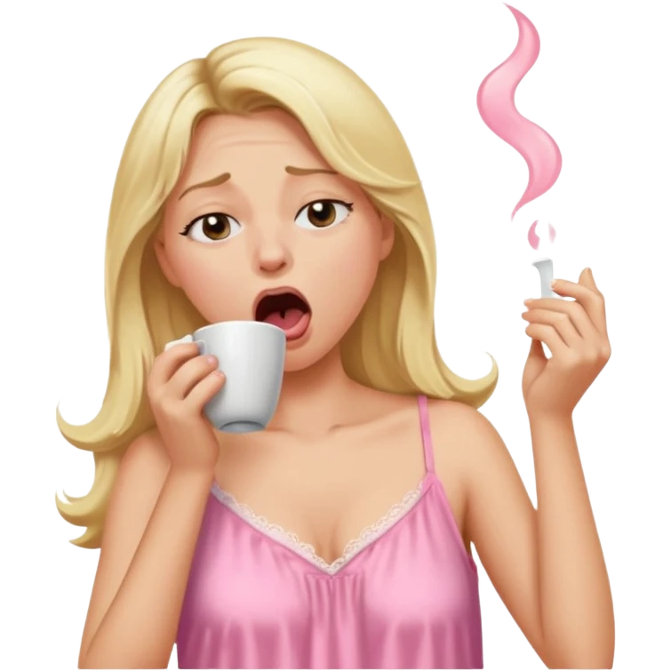 A blonde woman in a pink nightgown yawns, looking sleepy with dark circles under her eyes, drinking coffee, looking like she just woke up emoji