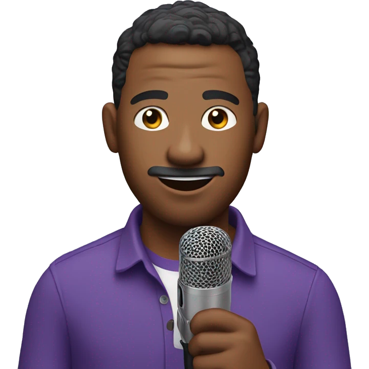 Guy in Purple shirt with a podcast mic Talking to camera  emoji