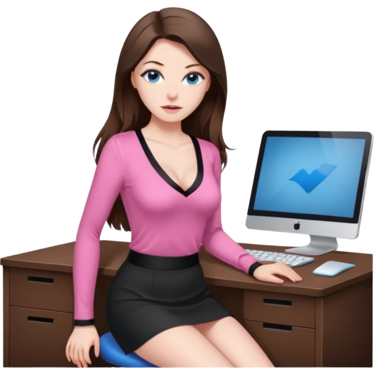 sexy woman brunette, very large breasts, pale skin, blue eyes, long brown hair, tight pink low cut  blouse, short black skirt. at desk emoji