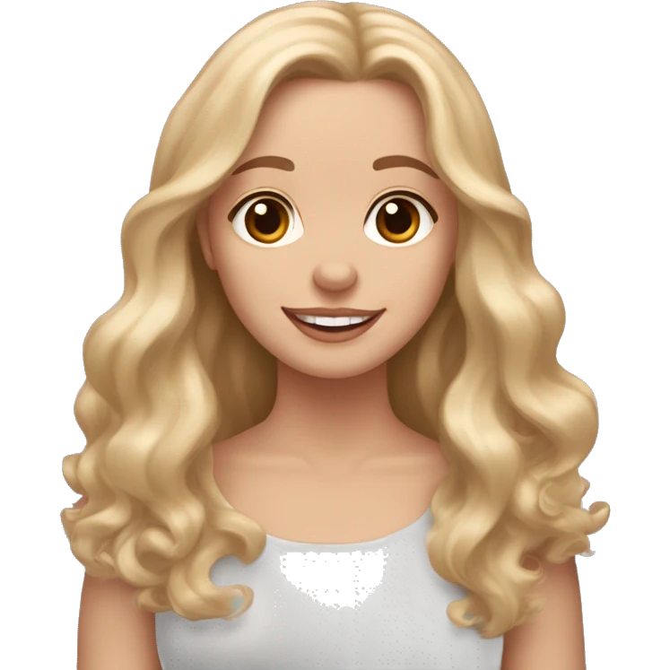 White girl with long wavy blonde hair and brown eyes  holding a light chihuahua dachshund cocker spaniel mix happy with shorter fluffy ears emoji