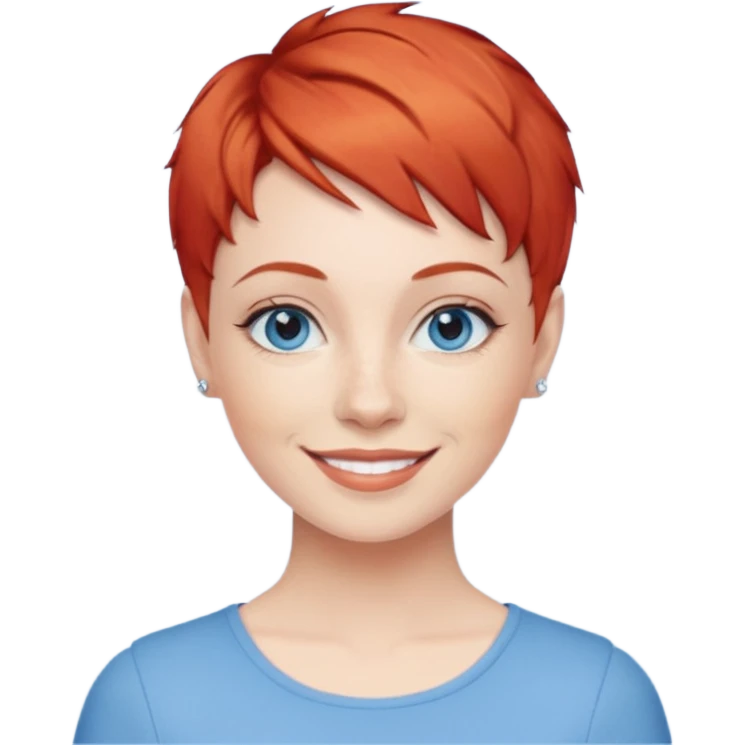 27 year old white woman, red hair, pixie cut, blue eyes emoji