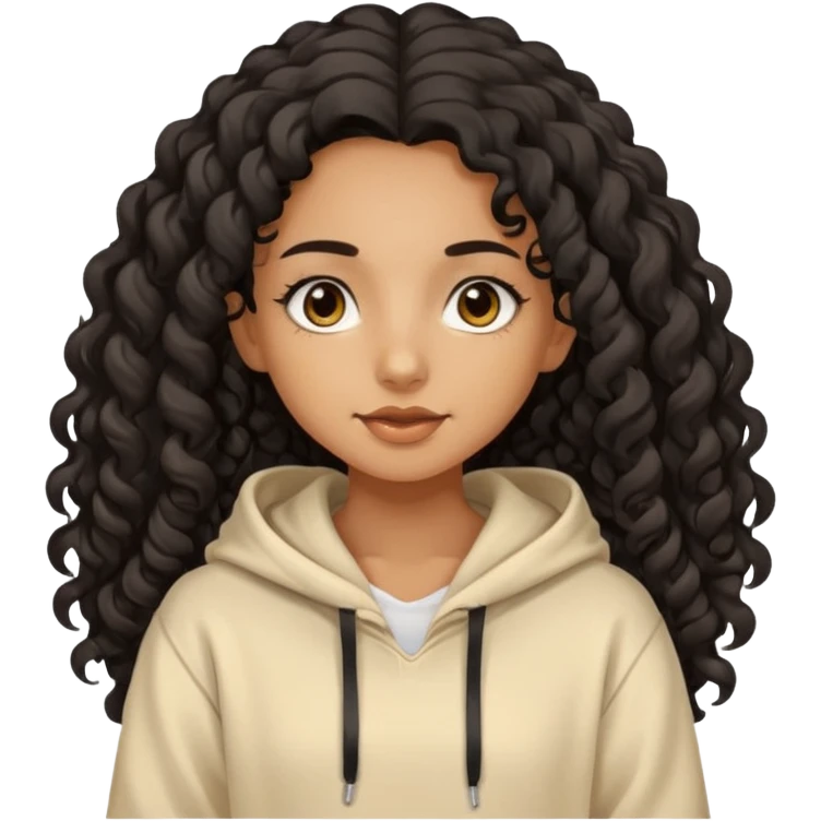 Tan skin girl with black very long curly hair, brown eyes, vanilla colored hoodie emoji