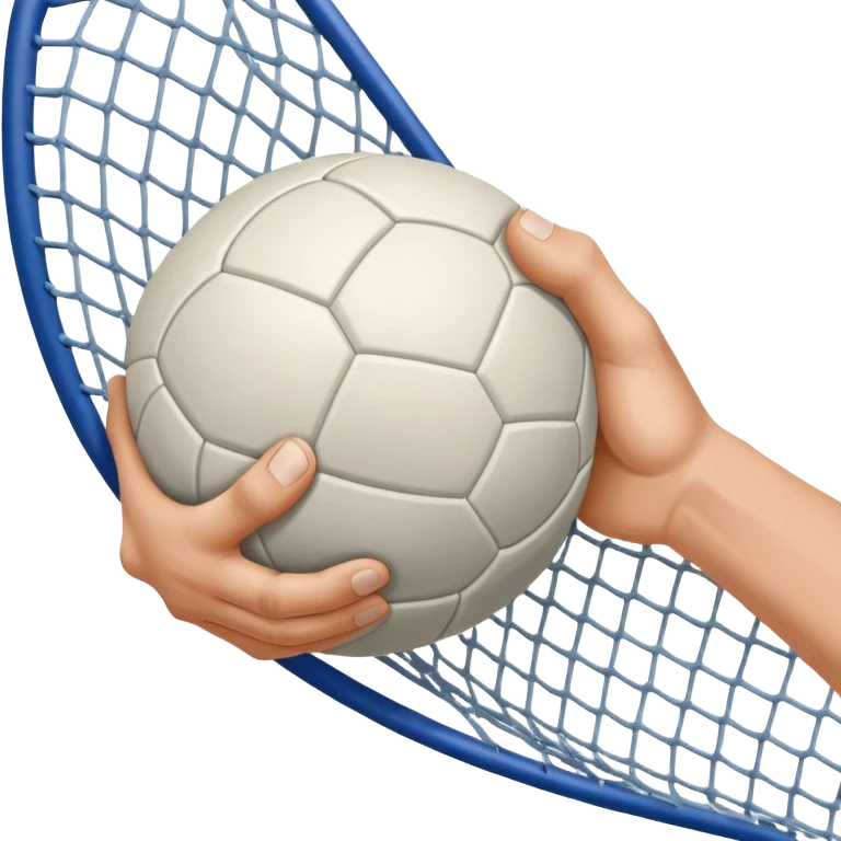 A close-up of a hand gripping a handball, with the handball gates visible in the background. The focus is on the texture of the ball and the strength of the grip, with the goal net slightly blurred to emphasize the anticipation of the throw. emoji