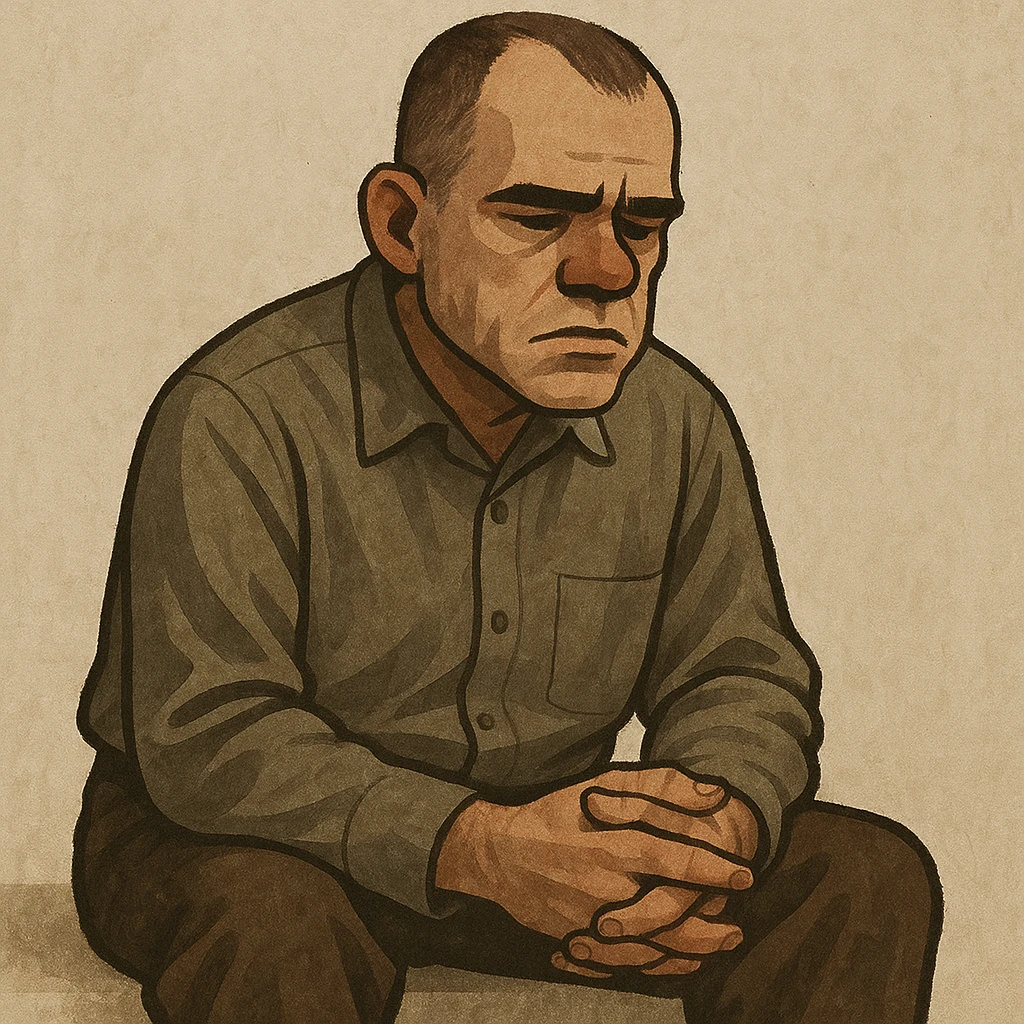 stylized character of Carl from Sling Blade sitting quietly with hands folded, somber mood, neutral background emoji