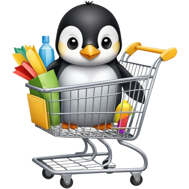cute baby penguin sitting in a shopping cart filled with shopping items and colorful shopping bags emoji