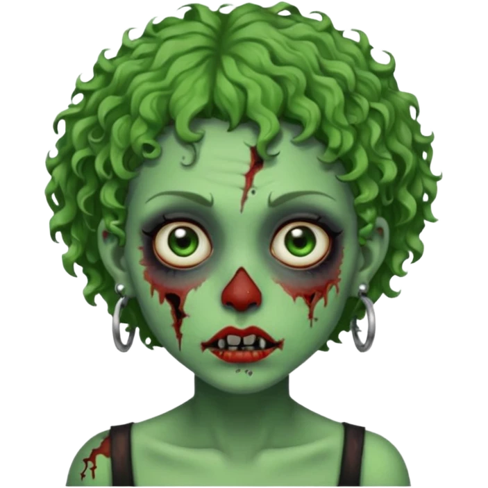 faça uma cabeça verde de zumbi femenina, com im cabelo curtinho cacheado, piercing no nariz, e brincos na orelha e várias cicatrizes, deixe ela macabra emoji