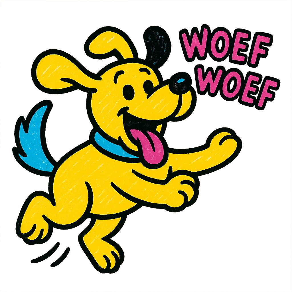 happy dog jumping and barking 'Woef Woef', dynamic movement, pop colors style emoji