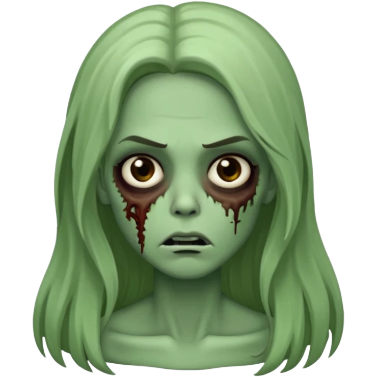 Faça uma zombie verde mulher com cabelos preto, liso e longo de olhos castanhos e boca fechada  emoji
