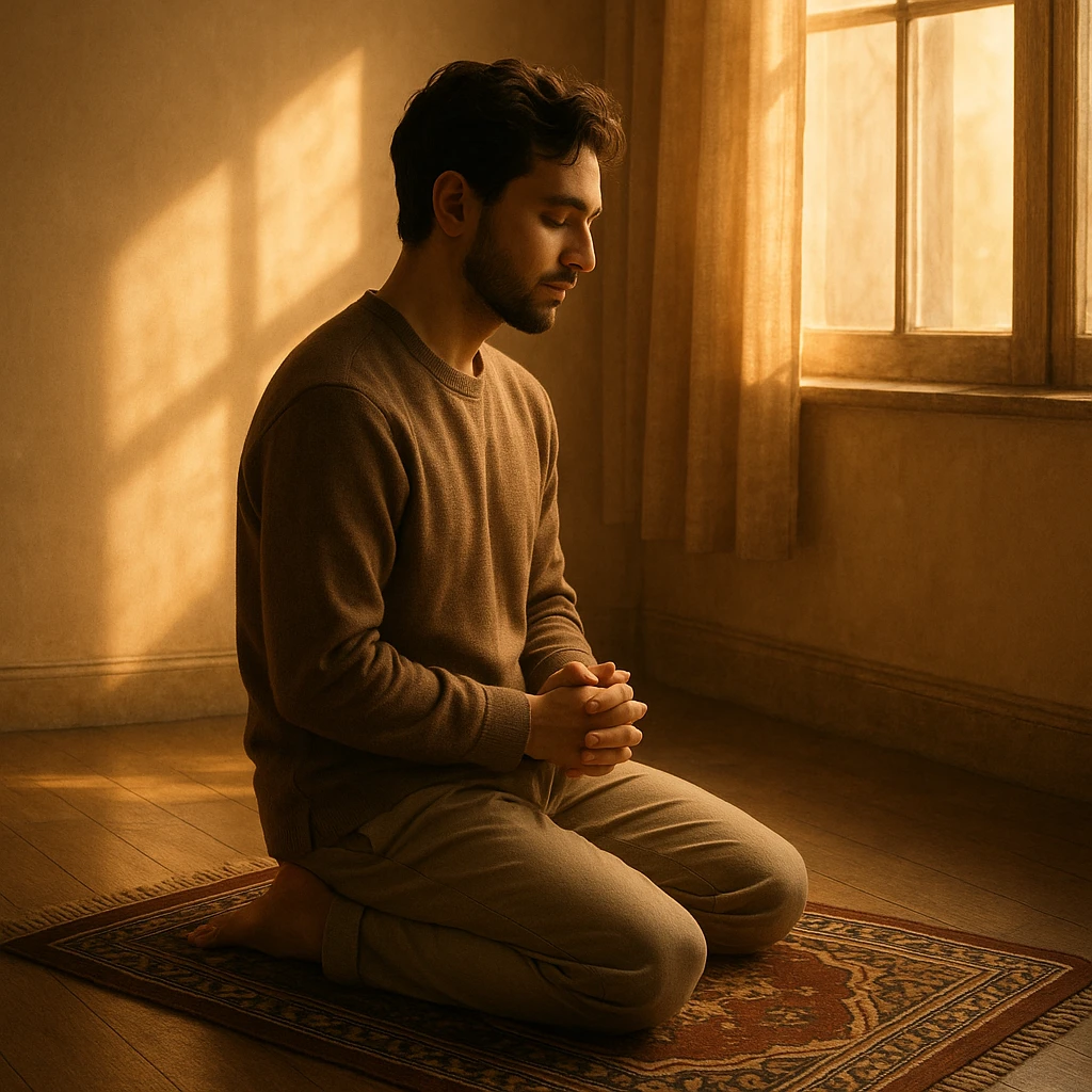 a calm individual kneeling on a decorative prayer mat, hands folded, with warm light from a window creating a serene atmosphere emoji