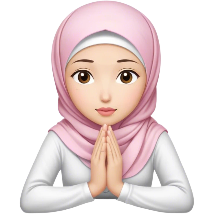 A white Asian woman, white hijab women are listening with her hands folded on the table. her lips is pink. her outfit & hijab color is white emoji