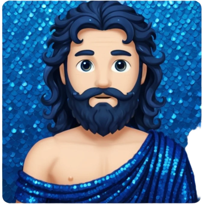 Neptune, God of Sea from Roman Deities with long jet black wavy hair and beard, dark blue sequin toga emoji