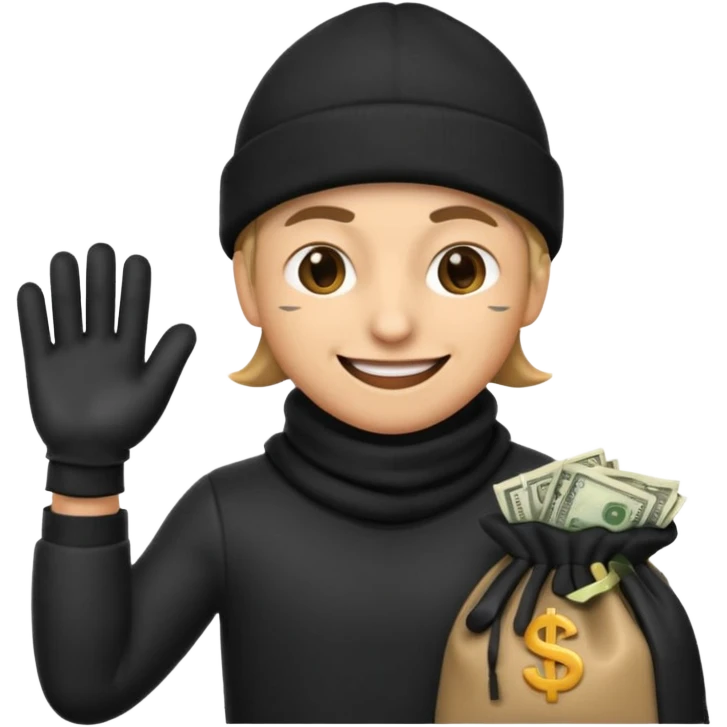 robber emoji, Google style, burglar in black beanie and gloves holding a cash bag emoji