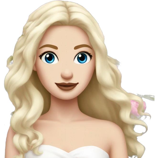 White bride with long light blonde hair and blue eyes with light pink peonies in hair white skin  emoji