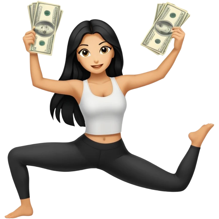 woman with bra, tanned long black hair, holding money, and splits  emoji