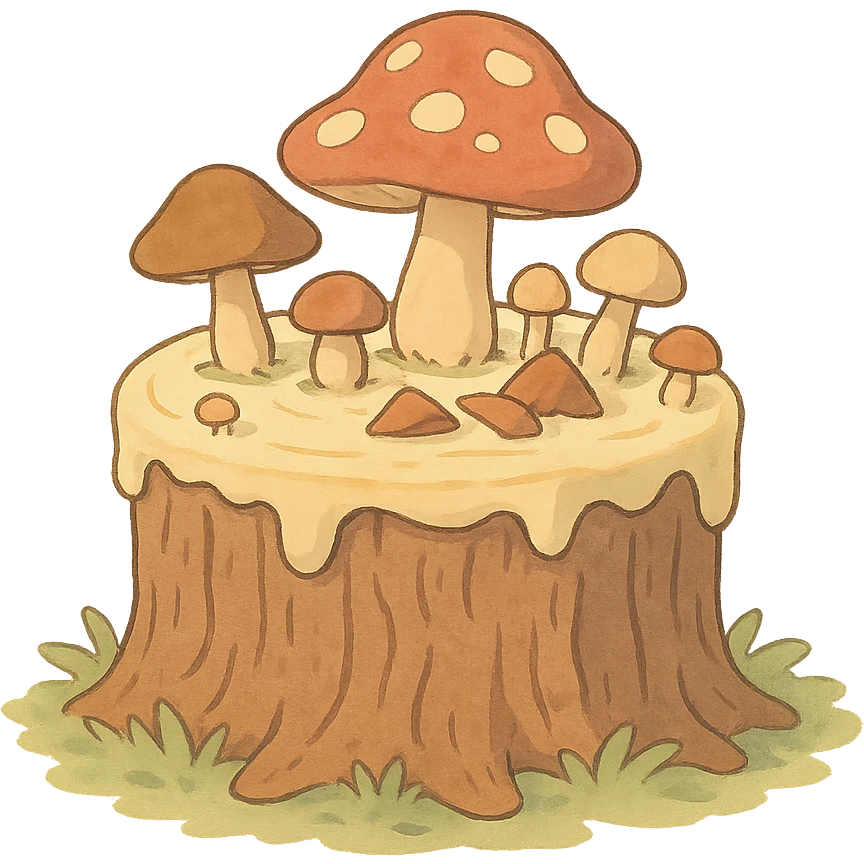 a tree stump cake topped with mushrooms, forest dessert concept, soft pastel colors, ghibli style emoji