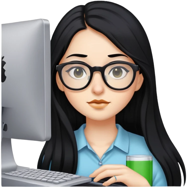 Girl with long black hair, glasses, nostril piercing, and a computer emoji