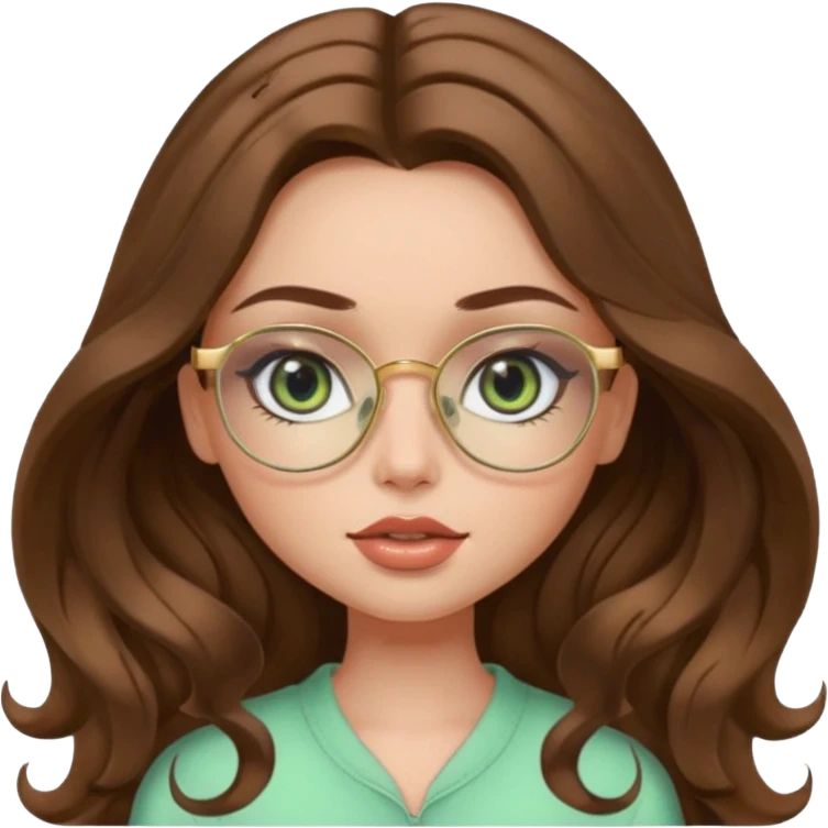 pretty bratz girl, long wavy brown hair, pale green eyes, black eyeliner, gold glasses emoji