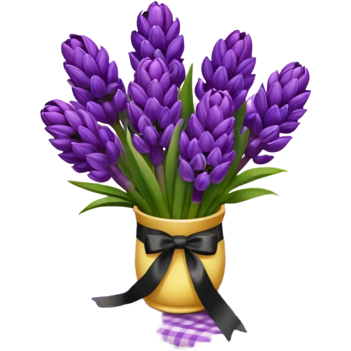 A lush bouquet of bright prple color Hyacinths black satin ribbon, resting on an antique wooden table, with a pale yellow and pink plaid pattern table cloth emoji