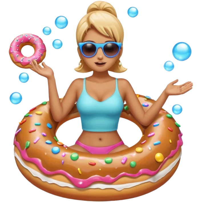 A woman riding a donut float, with bubbles popping all around her emoji