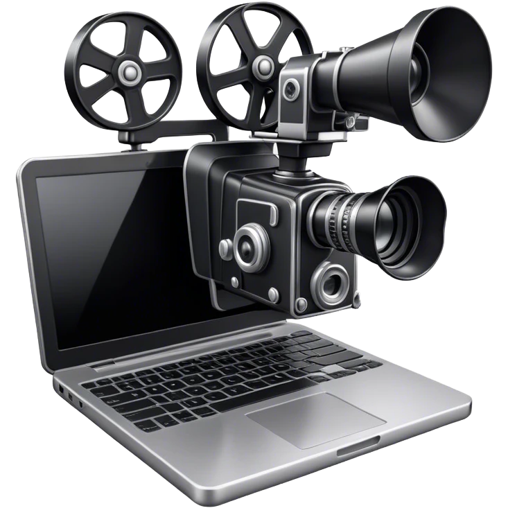 Create an emoji representing screenwriting. The design should feature an open script with visible dialogue and action lines, symbolizing the writing of a screenplay. Add a movie camera next to the script to emphasize the cinematic aspect of screenwriting. Include a classic typewriter or a modern writing device, such as a laptop, to signify the process of creating a script. Use a professional color palette with black, white, and subtle metallic tones. Do not include any emojis or smiley faces. Make the background transparent. emoji