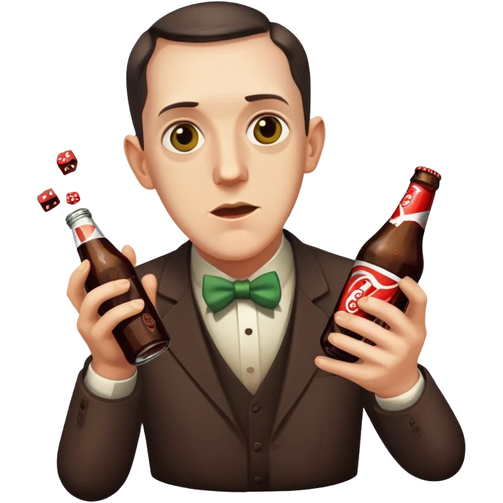 writer Lovecraft holding a bottle of cola and throwing dice, emoji style, surprised face emoji