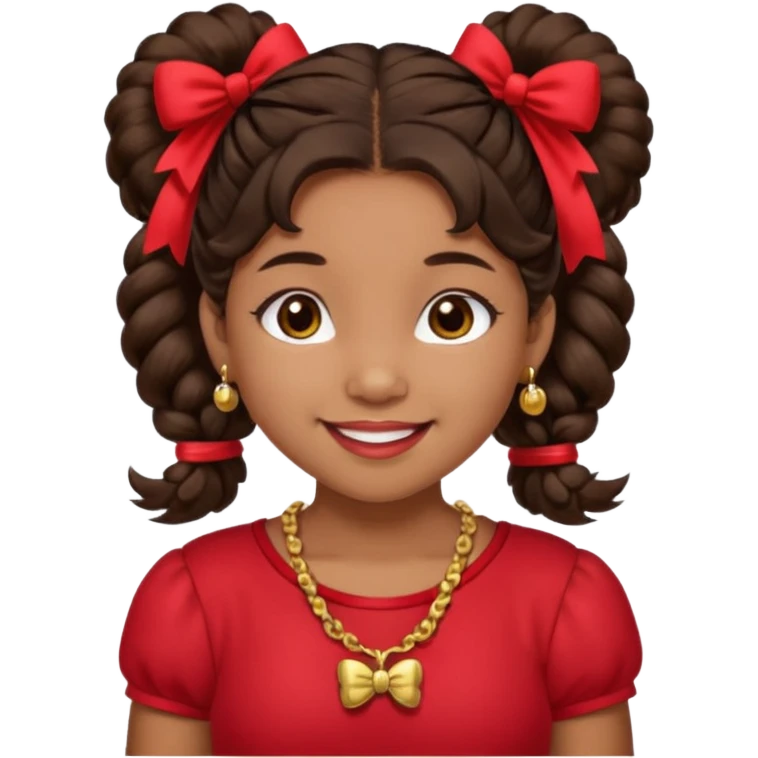 Brownskin girl dark brown hair fluffy. pigtails with red bows brown eyes smiling closed mouth red shirt gold esrrings gold necklace emoji