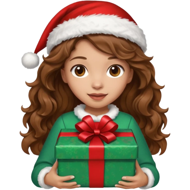 a girl with wavy brown hair wearing a christmas clothes and holding a gift emoji
