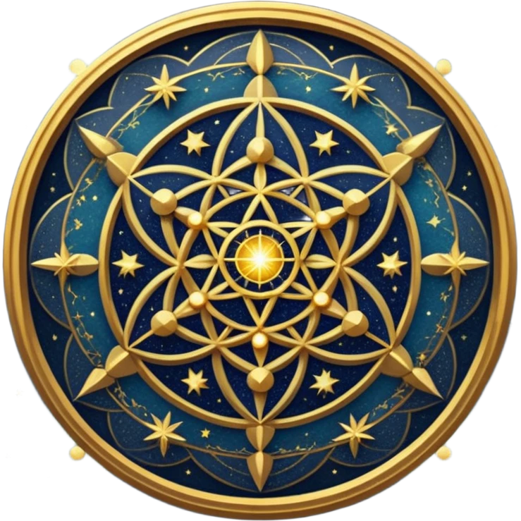 Создай изображение на основе этого промпта: sacred geometry. golden intricate patterns. glowing lines. cosmic dust. deep dark blue background. starry night sky. ethereal light. highly detailed. sharp focus. digital art. high resolution. emoji