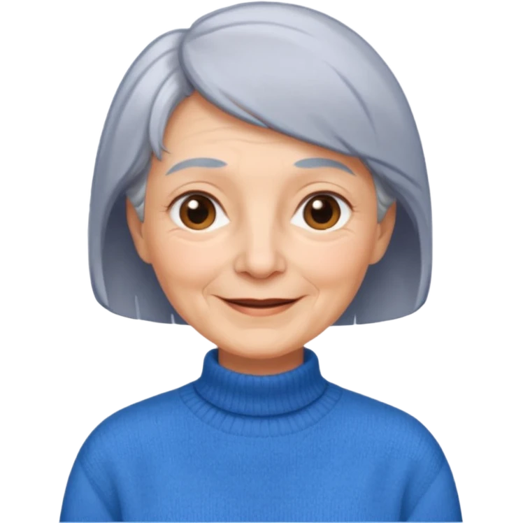 Old woman, happy, blue sweater, short straight hair
 emoji